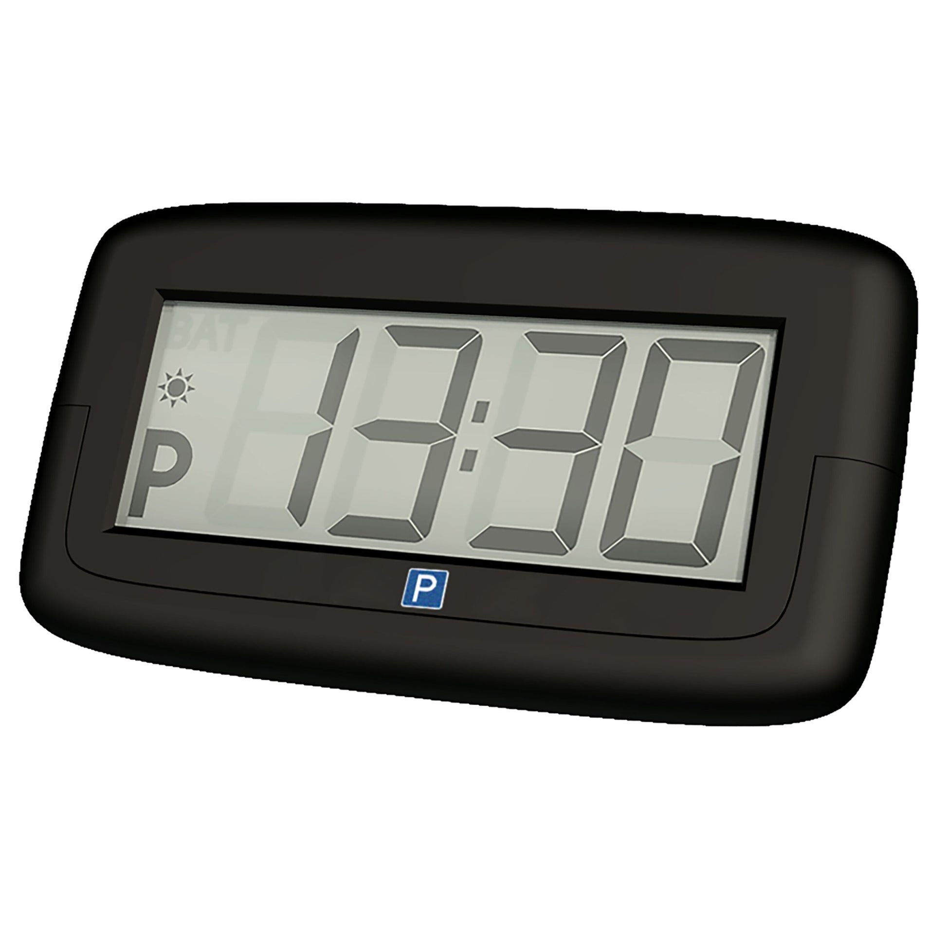 Park Micro 2 automatisk P-skive, sort digital parkeringsskive med display kl. 13:30 og parkerings- samt solikoner venstre.