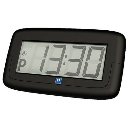 Park Micro 2 automatisk P-skive, sort digital parkeringsskive med display kl. 13:30 og parkerings- samt solikoner venstre.