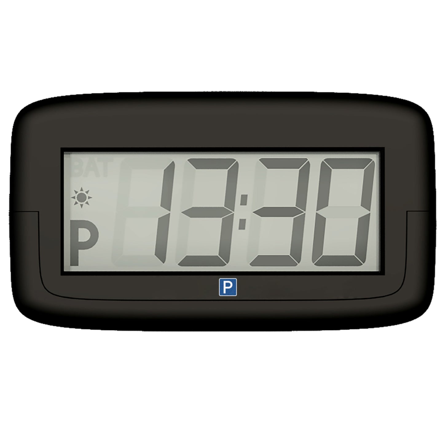 Park Micro 2 automatisk p-skive, sort ramme, P-symbol, digital visning kl. 13:30.