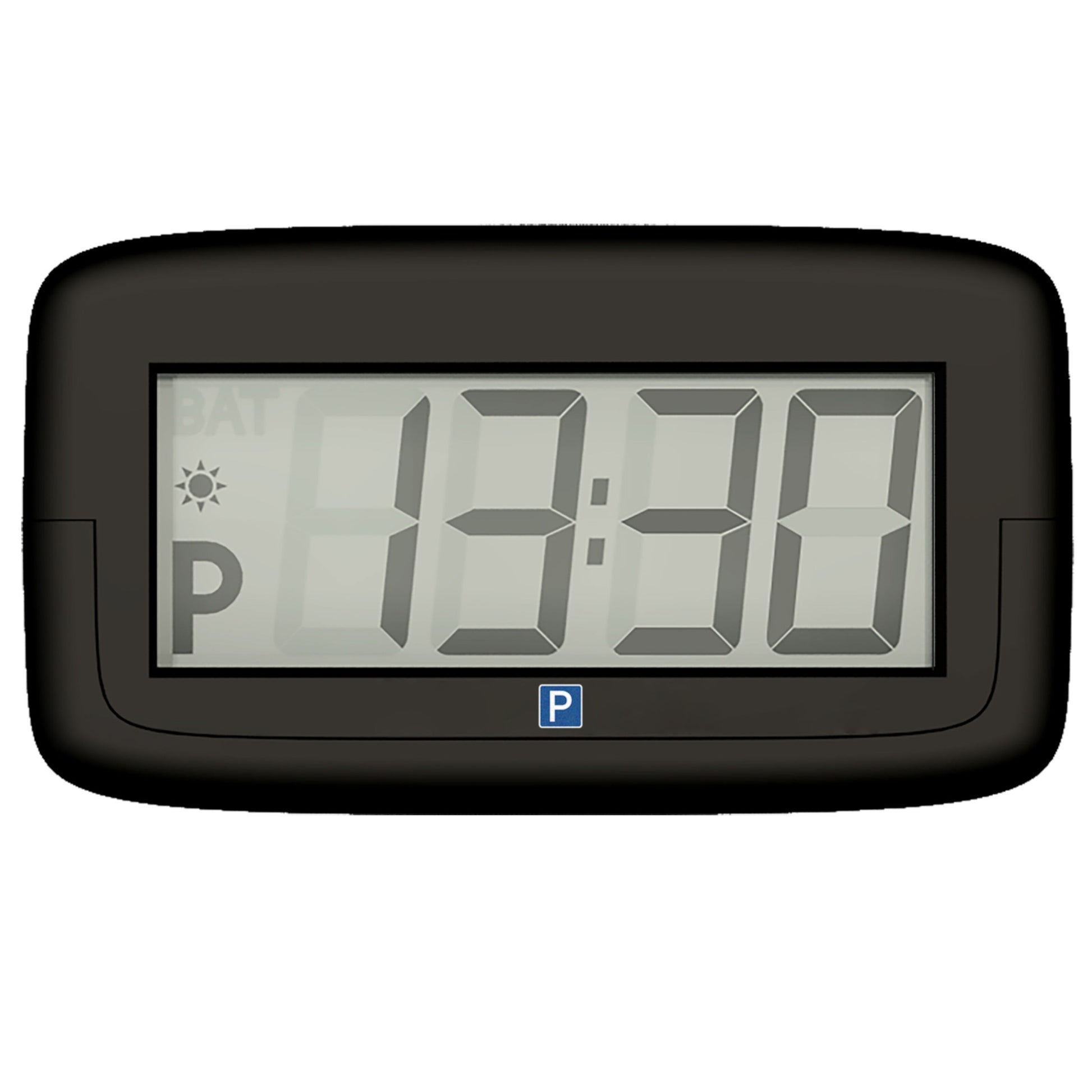 Park Micro 2 automatisk p-skive, sort ramme, P-symbol, digital visning kl. 13:30.