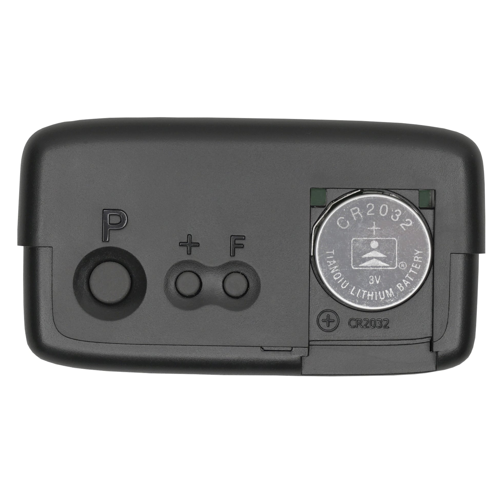 Park Micro 2 automatisk P-skive sort digital med P, + og F knapper, delvist isat CR2032 batteri i højre rum.