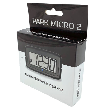 Park Micro 2 Automatisk P-skive indstillet til 12:30 i sort-hvid æske med svensk tekst.