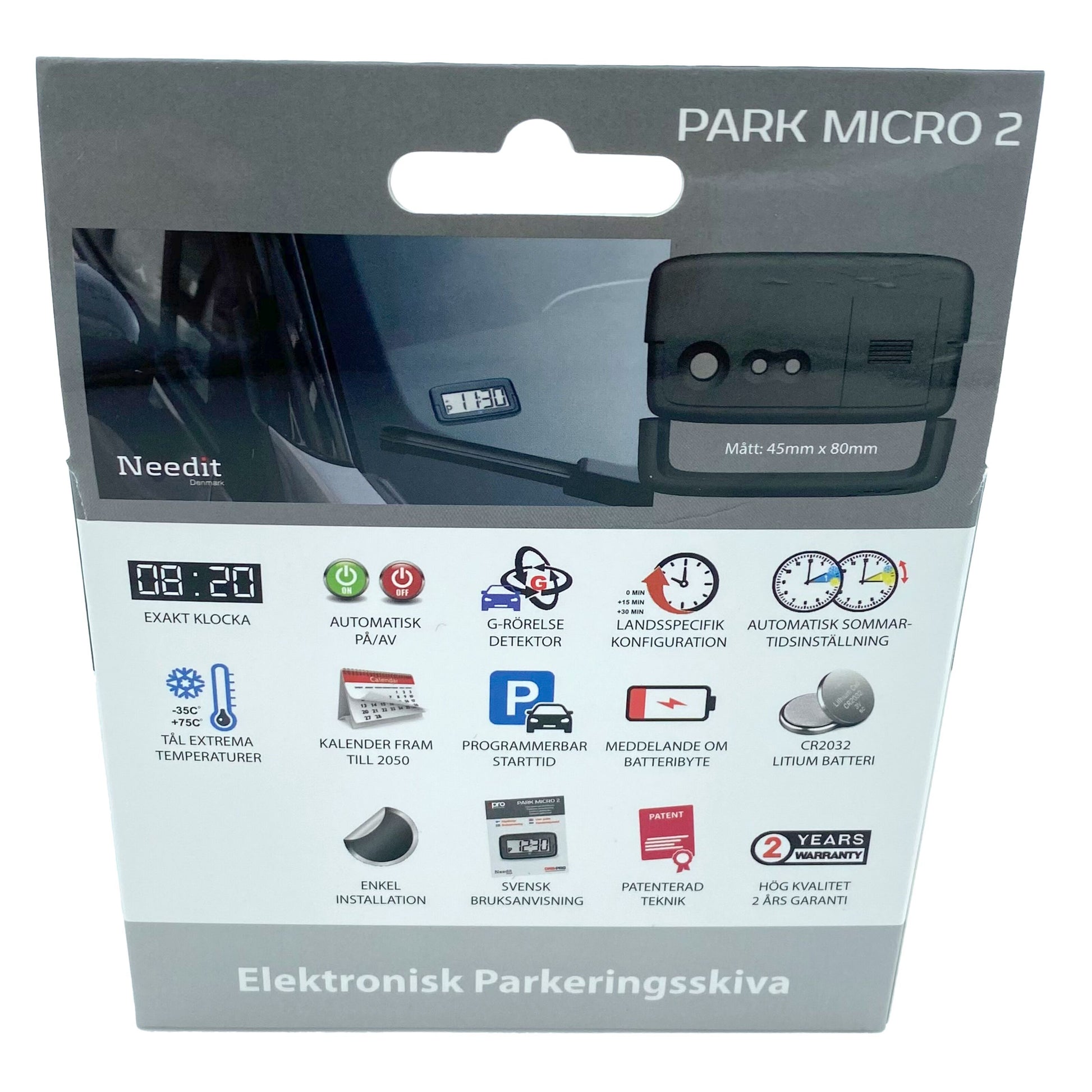 Park Micro 2 Automatisk P-skive, digitalt display, ikoner for parkeringstid, temperatur og batteriinfo, svensk tekst.