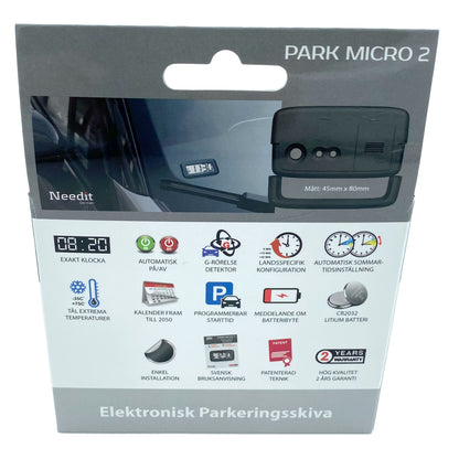 Park Micro 2 Automatisk P-skive, digitalt display, ikoner for parkeringstid, temperatur og batteriinfo, svensk tekst.