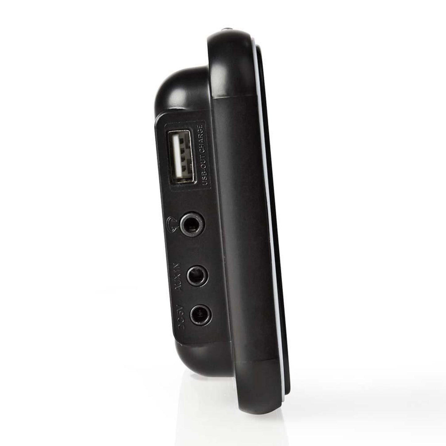 Vækkeur med FM-radio, USB-port, til audiojack-stik og tydeligt display i sort, set fra siden.