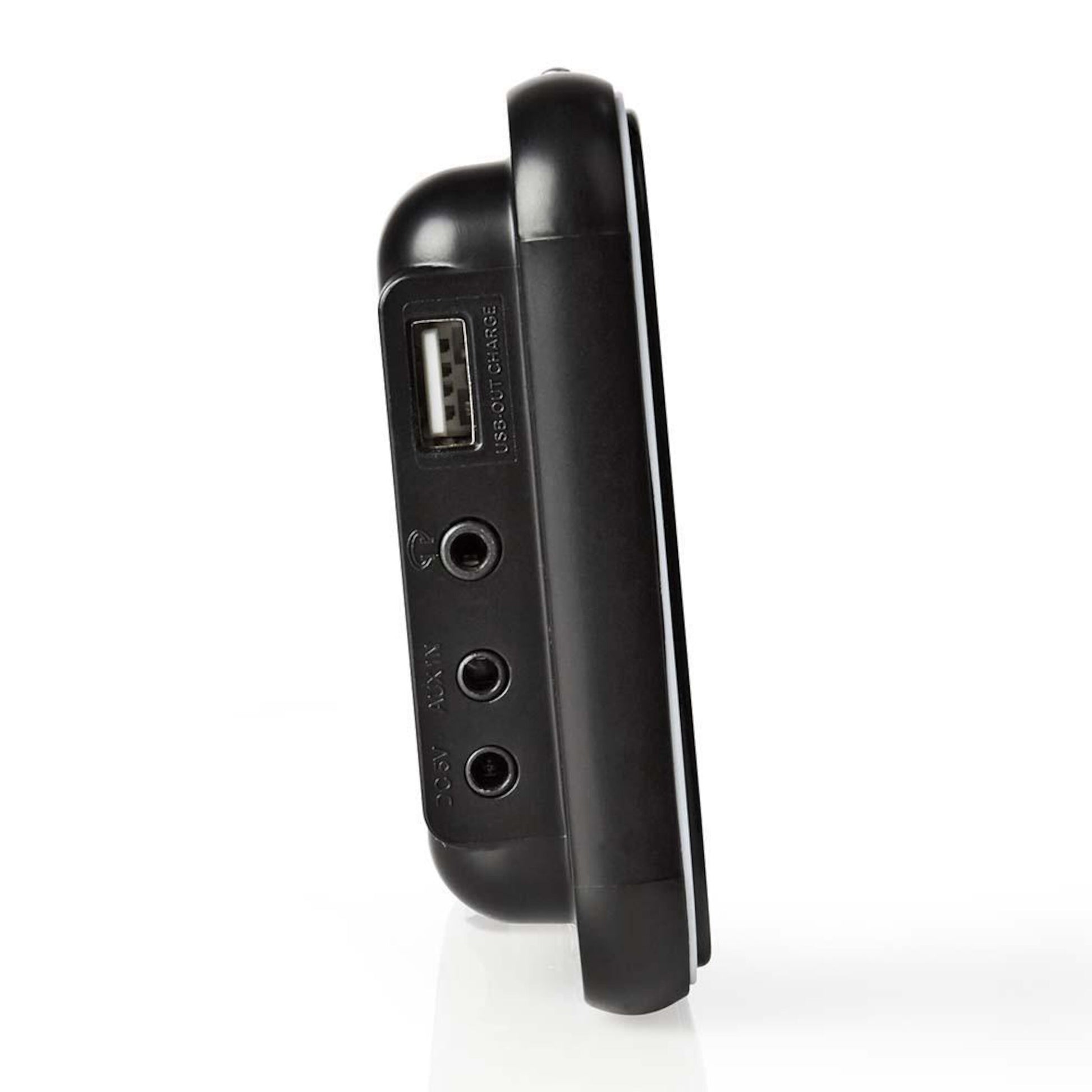 Vækkeur med FM-radio, USB-port, til audiojack-stik og tydeligt display i sort, set fra siden.