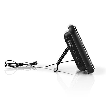 Nedis vækkeur med FM-radio, sort, indbygget stander, USB-port, 2 lydstik, kabel, tydeligt display og dobbelt alarm.