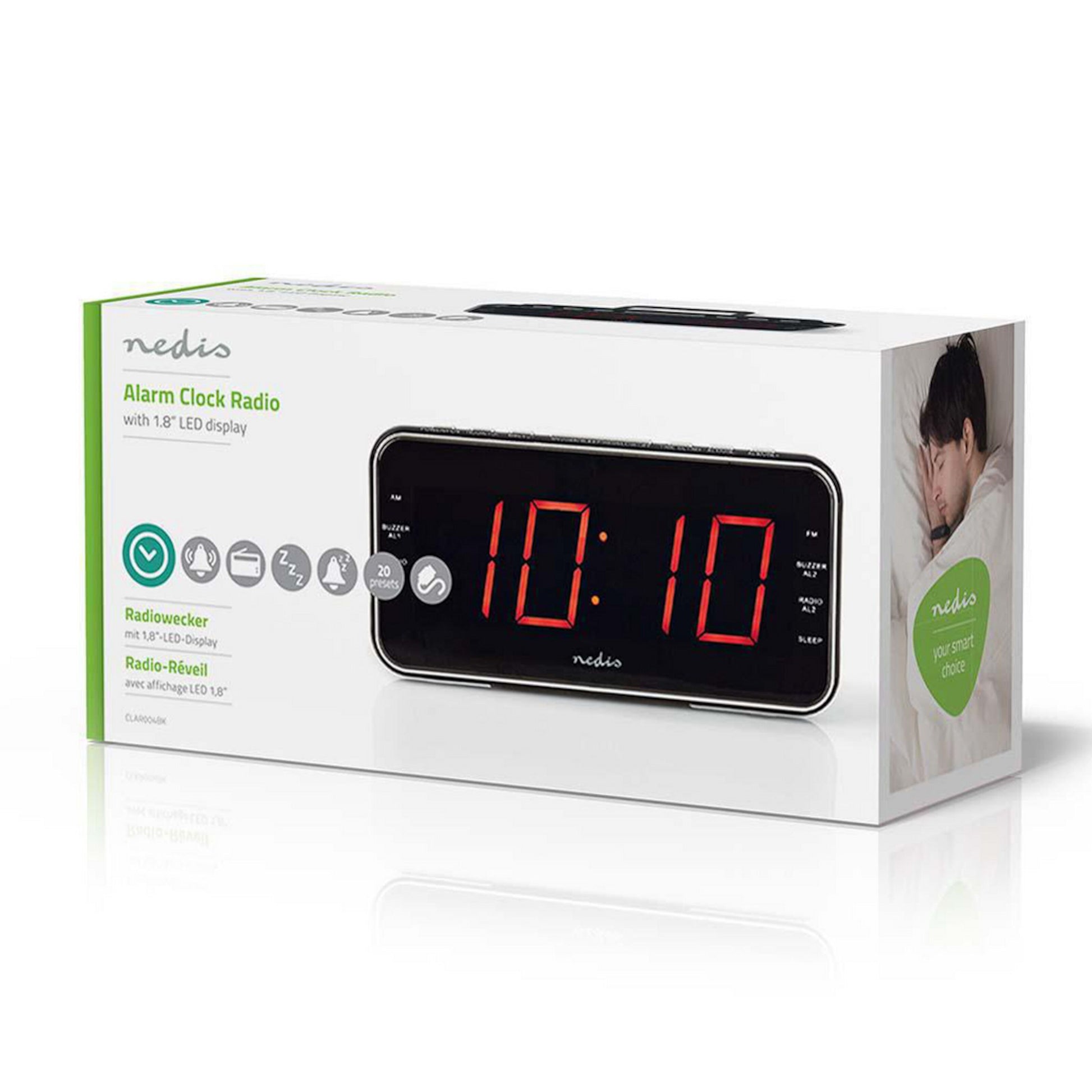 Nedis vækkeur FM-radio, dobbelt alarm, 1,8" LED-display, buzzer/radioalarm, 20 forudindstillinger, sleep timer.