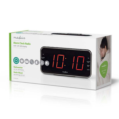 Nedis vækkeur FM-radio, dobbelt alarm, 1,8" LED-display, buzzer/radioalarm, 20 forudindstillinger, sleep timer.
