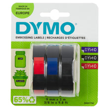 Dymo Prægebånd Omega 3-pack, sort, rød, blå, 65 genanvendt materiale, lavet i Europa, etiketterede krukker på æsken.