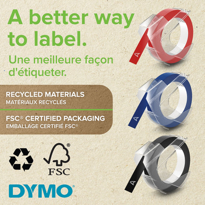 Dymo Prægebånd Omega 3-pakke, rød/blå/sort, genbrugsmateriale, FSC-certificeret æske, FSC/Recycle-logoer.