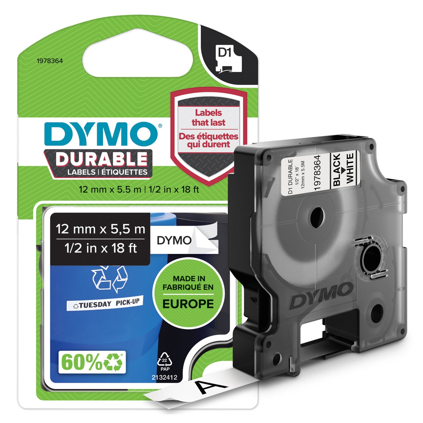 Dymo D1 mærketape 12 mm x 5,5 m, lang holdbarhed, 60 genanvendt materiale, passer til Dymo LabelManager.