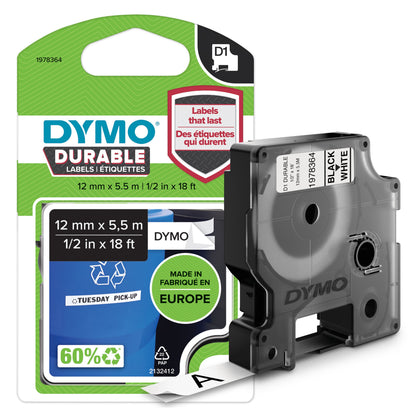 Dymo D1 mærketape 12 mm x 5,5 m, lang holdbarhed, 60 genanvendt materiale, passer til Dymo LabelManager.