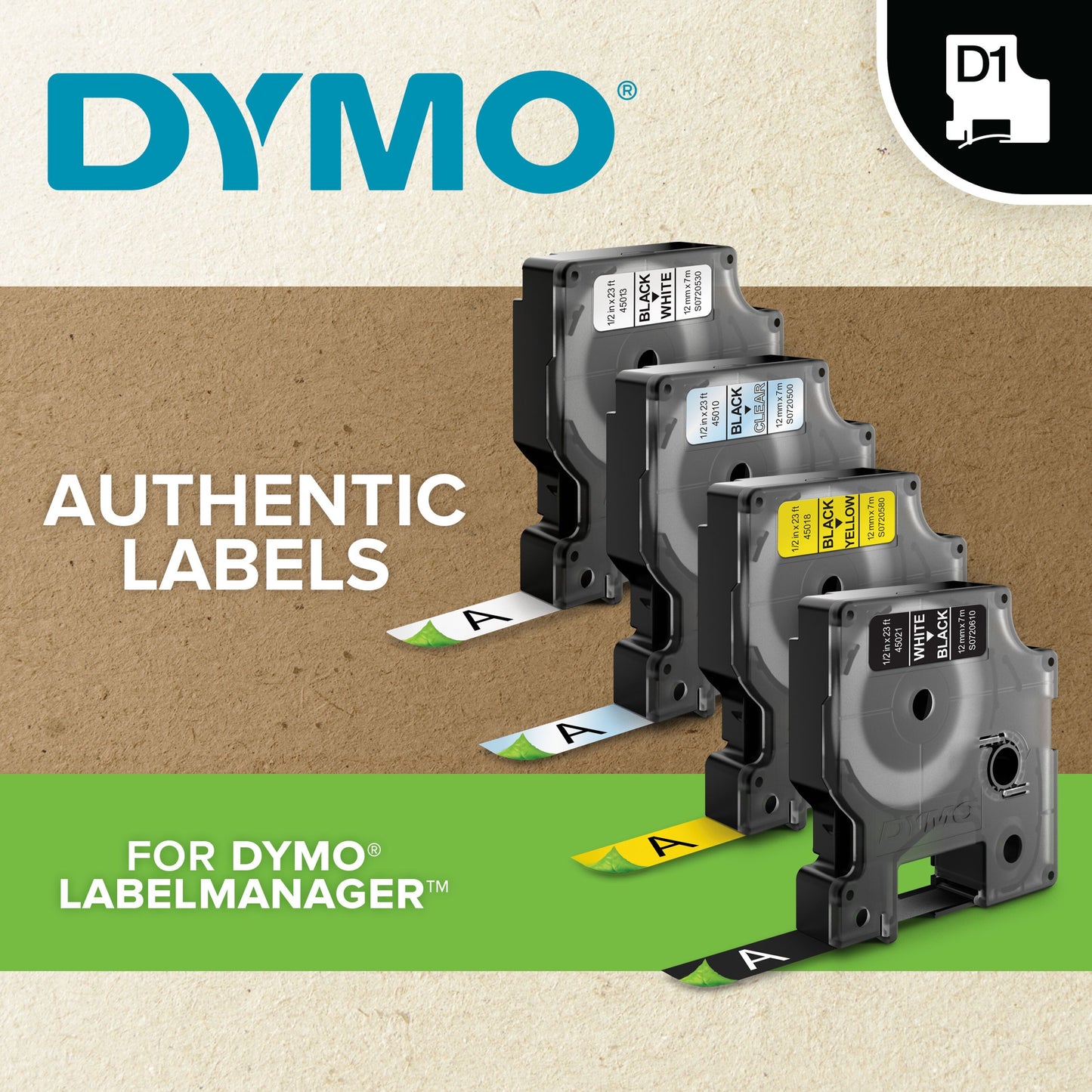 Dymo D1 12 mm mærketape, 4 stk. blandede farver, kompatibel med LabelManager, D1-logo og "AUTHENTIC LABELS"-tekst.