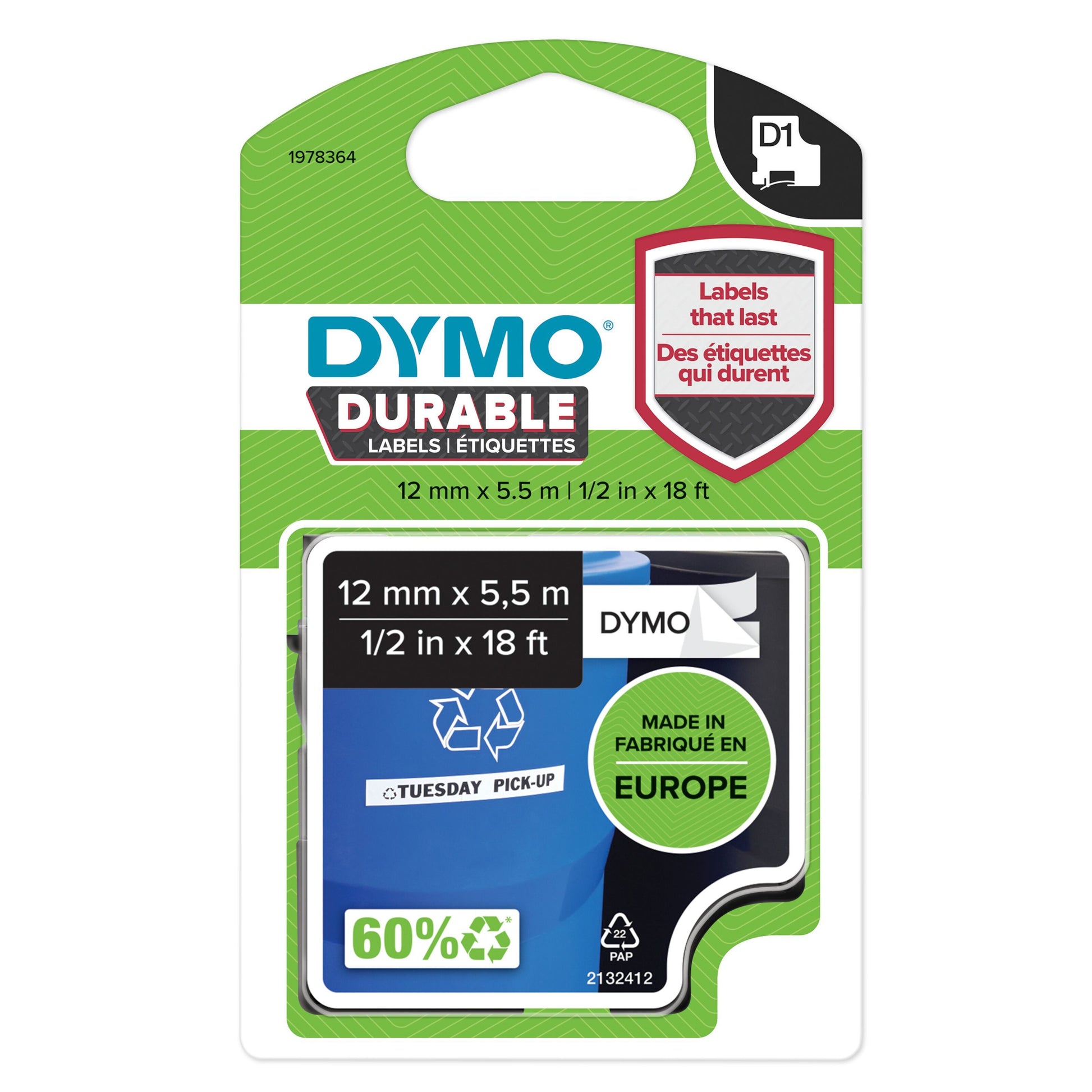 Dymo D1-mærketape 12 mm x 5,5 m, 60 genanvendt materiale, kompatibel med LabelManager, produceret i Europa.