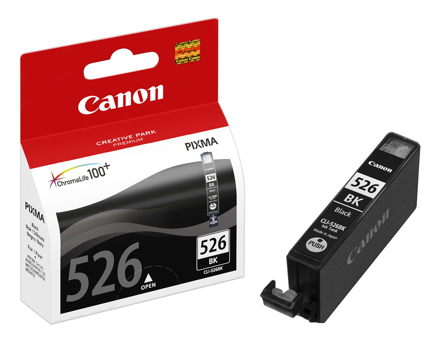 Canon CLI-526BK blækpatron sort i rød/hvid emballage med tydelig PIXMA-serie mærkning.