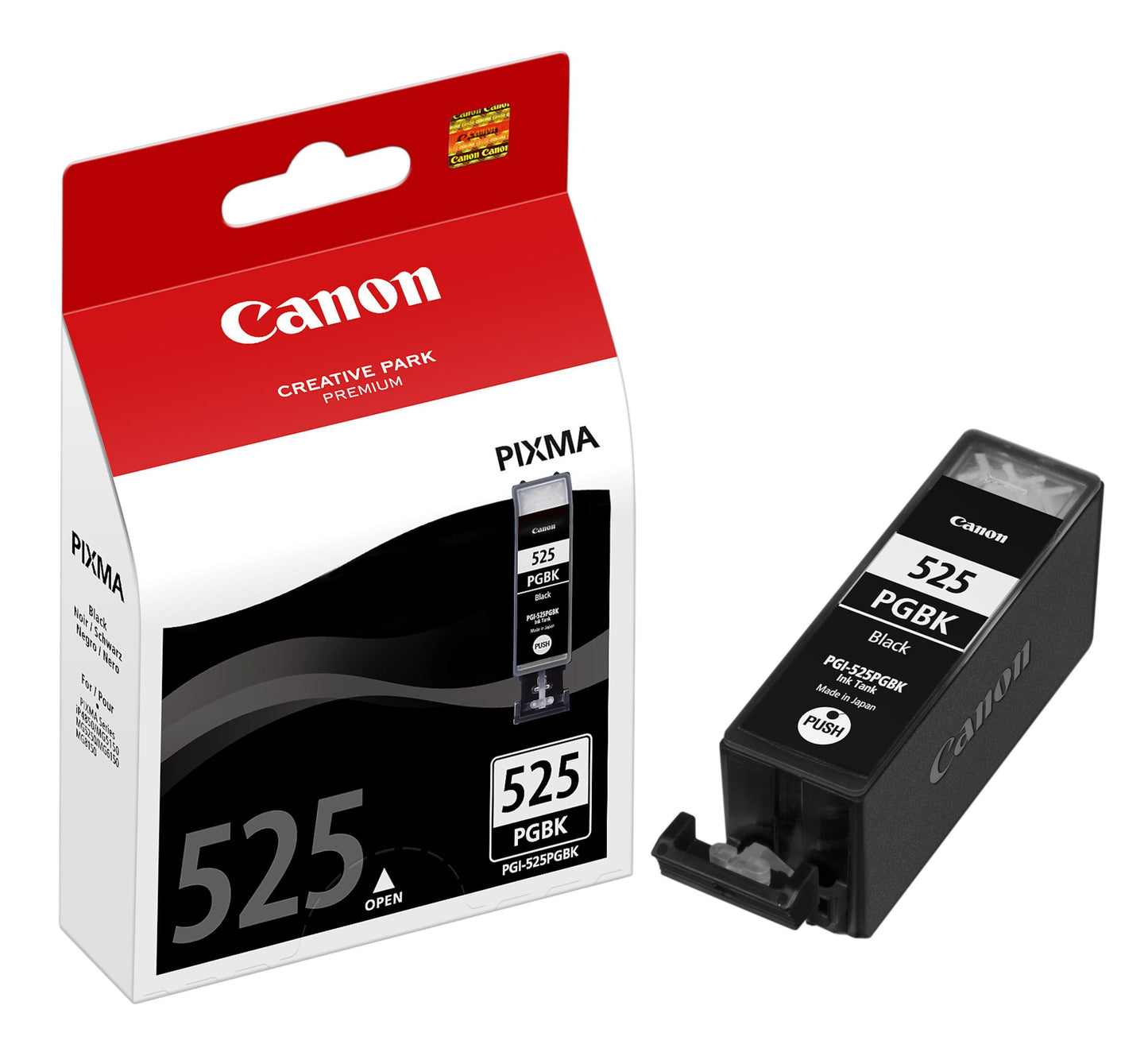 Canon PGI-525PGBK sort blækpatron ved siden af rød og hvid emballage med produktinfo og Canon-logo.