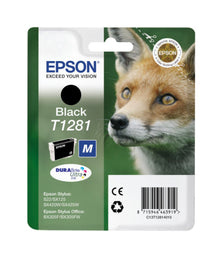 Epson T1281 sort blækpatron i emballage med rævemotiv, DURABrite Ultra-logo, kompatibilitetsliste og stregkode.
