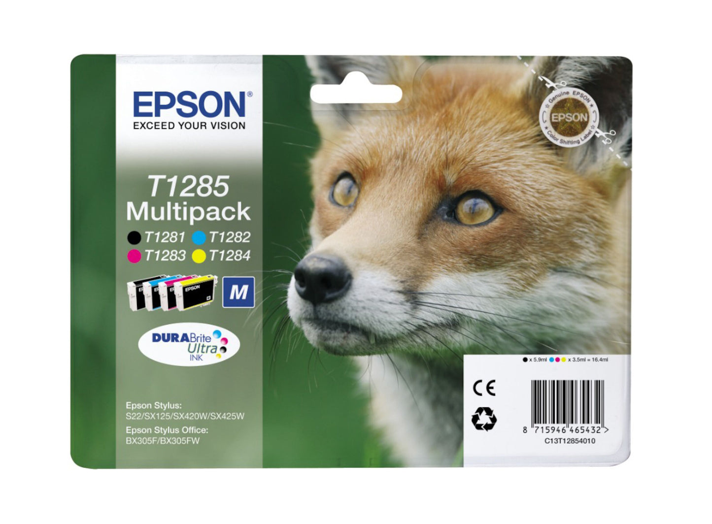 Epson T1285 blækpatron 4-pack emballage, rød ræv closeup, produktinfo, blækikoner og Epson-logo på forsiden.