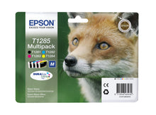 Epson T1285 blækpatron 4-pack emballage, rød ræv closeup, produktinfo, blækikoner og Epson-logo på forsiden.