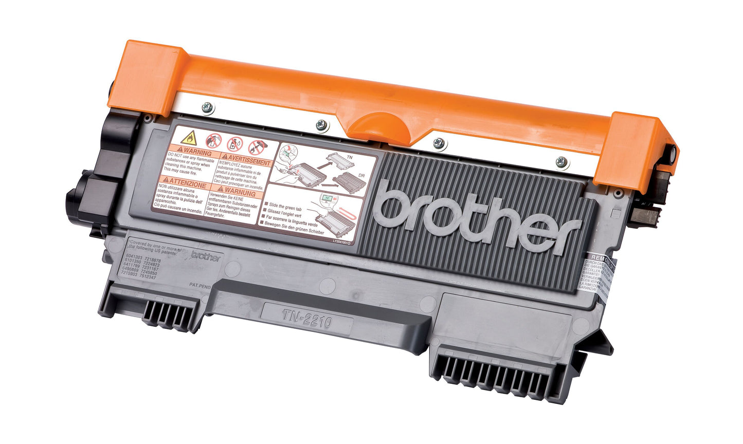 Brother TN-2210 sort tonerpatron med orange beskyttelsesdæksel og illustrerede instruktioner.