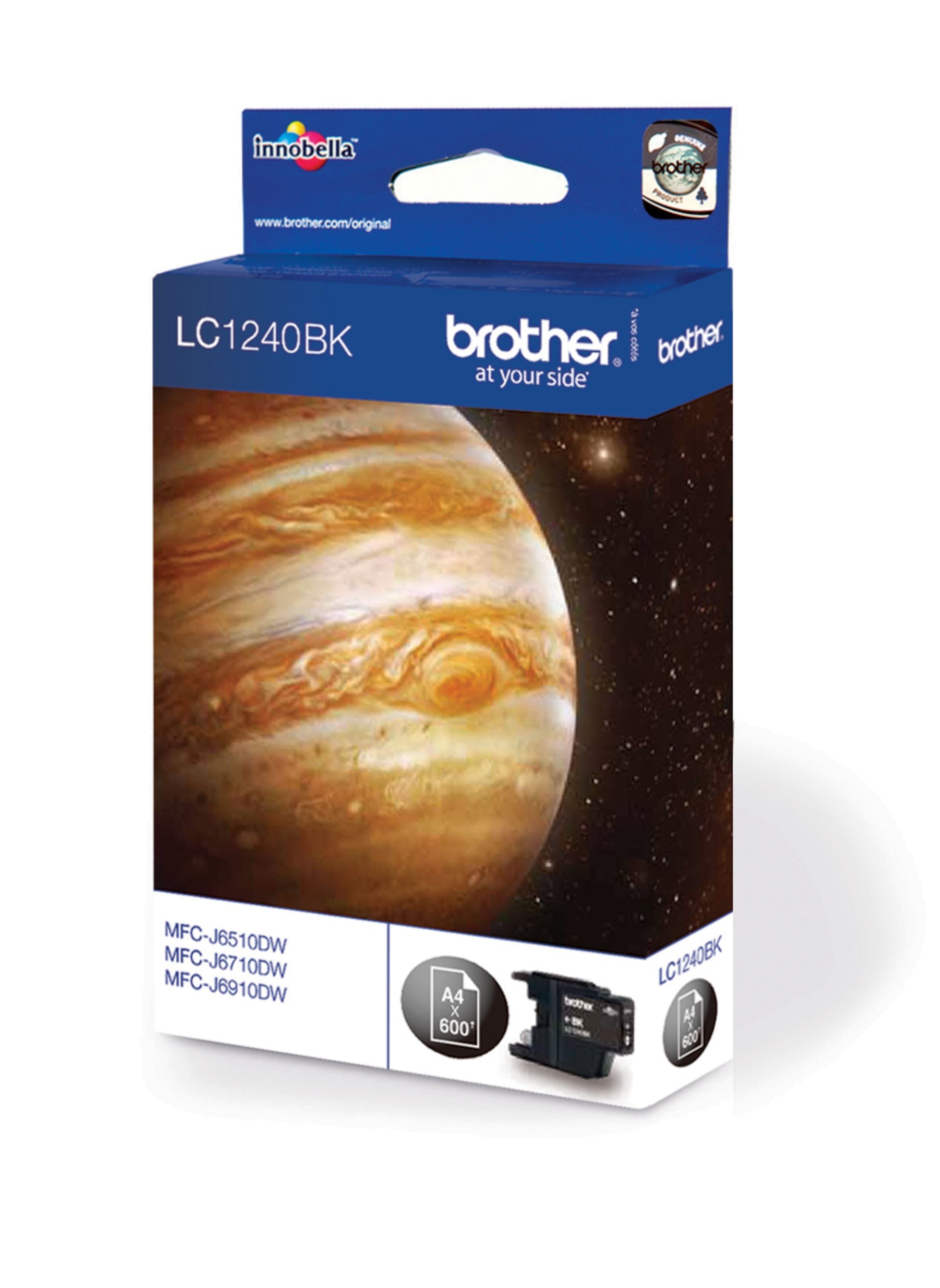 Brother LC1240BK sort blækpatron i blå/hvid emballage med Jupiter-billede, kompatibilitetsliste og blækdråbeikon.