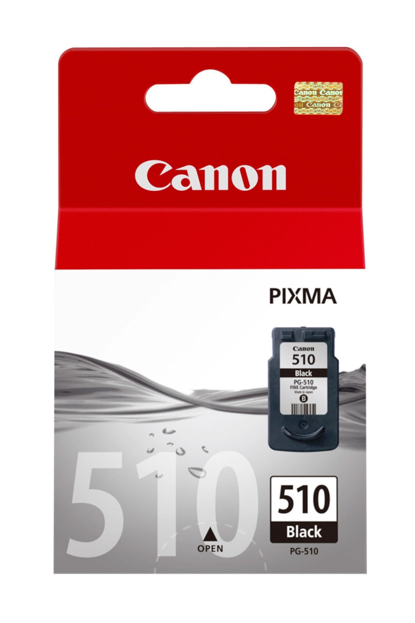 Canon PG-510 sort blækpatron, rød og hvid æske med Canon-logo, billede af patron og stort tal 510.