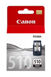 Canon PG-510 sort blækpatron, rød og hvid æske med Canon-logo, billede af patron og stort tal 510.