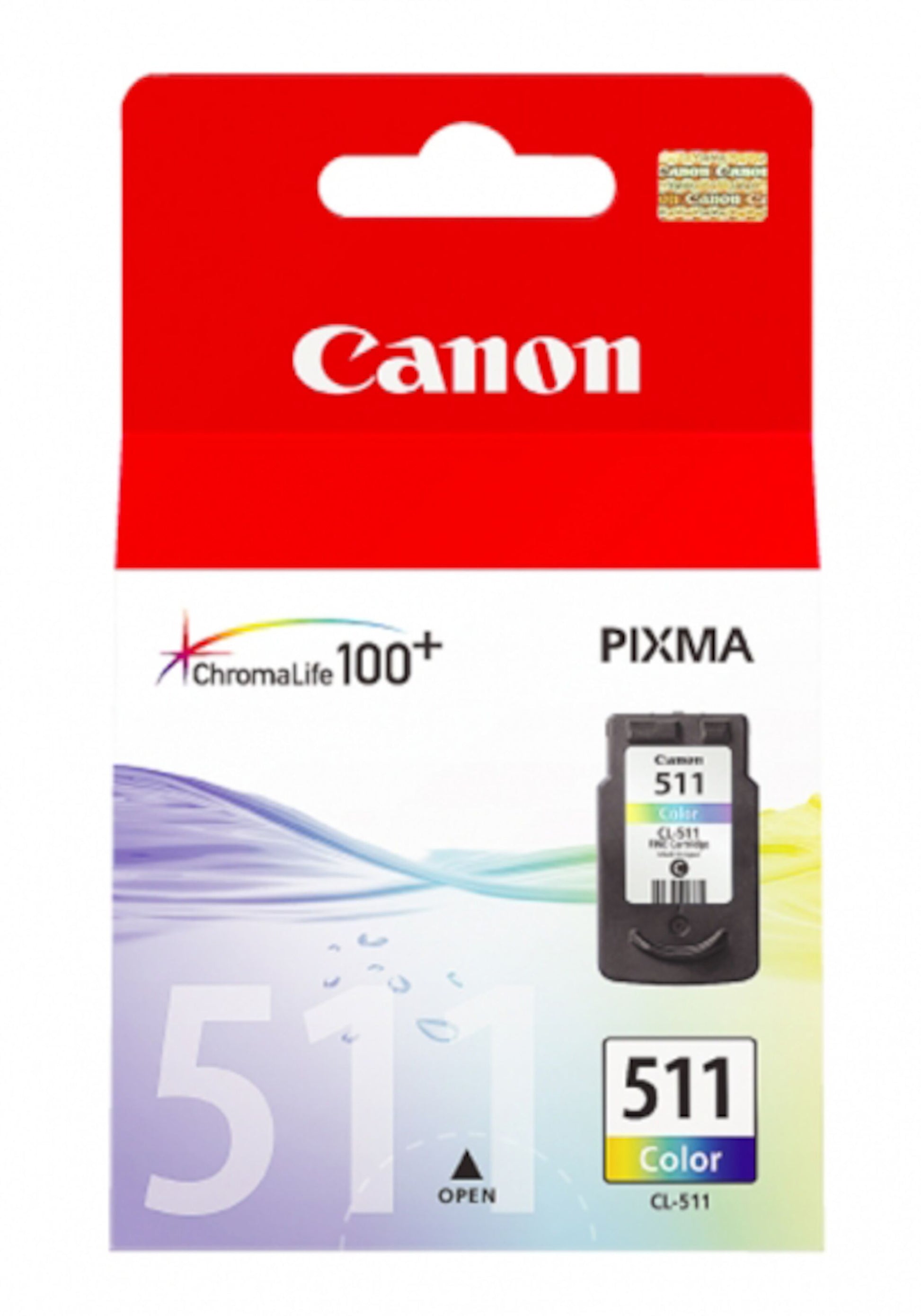 Canon CL-511 blækpatron, flere farver, original emballage med rød top, Canon-logo og 511-nummer tydeligt vist.