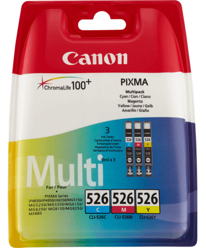 Canon CLI-526 blækpatroner 3-pak cyan magenta gul 9ml til iP4850 iP4950 iX6550 MG-serie MX-serie printere.