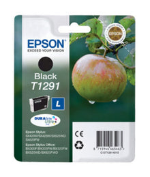 Epson T1291 blækpatron sort i emballage med grønt og rødt æble, vanddråber, kompatibilitetsinfo og stregkode.