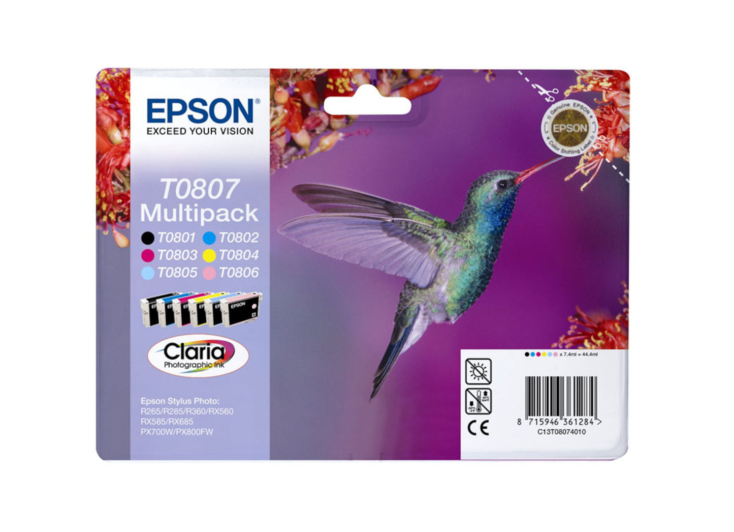 Epson T0807 blækpatron 6-pakke, emballage med kolibri, lilla baggrund, farvekoder, Claria Photographic Ink-logo.