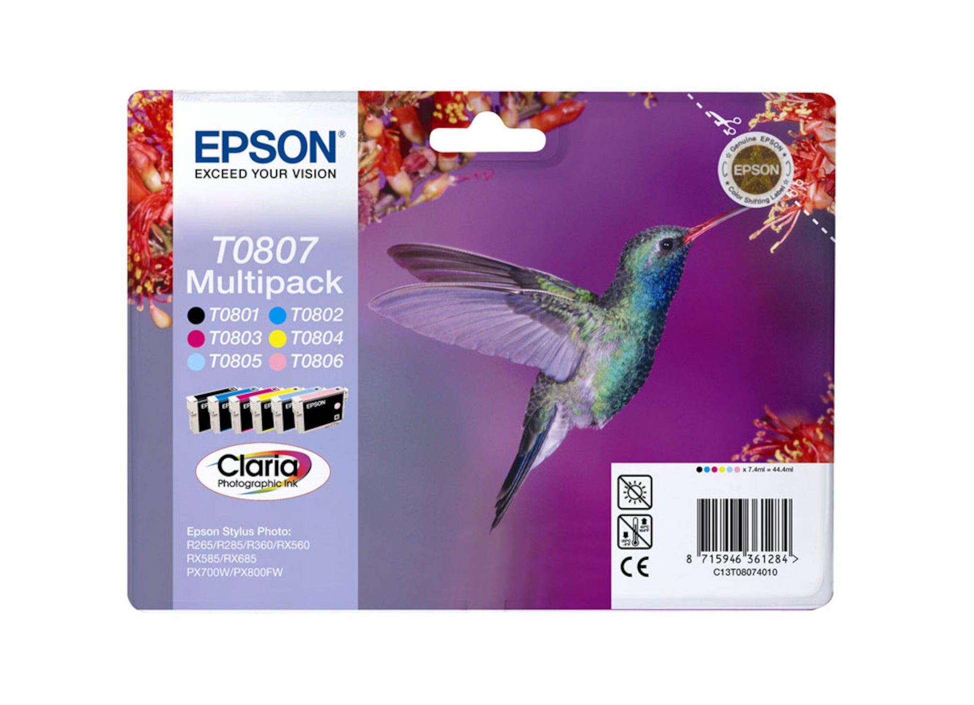 Epson T0807 blækpatron 6-pakke, emballage med kolibri, lilla baggrund, farvekoder, Claria Photographic Ink-logo.
