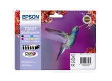Epson T0807 blækpatron 6-pakke, emballage med kolibri, lilla baggrund, farvekoder, Claria Photographic Ink-logo.