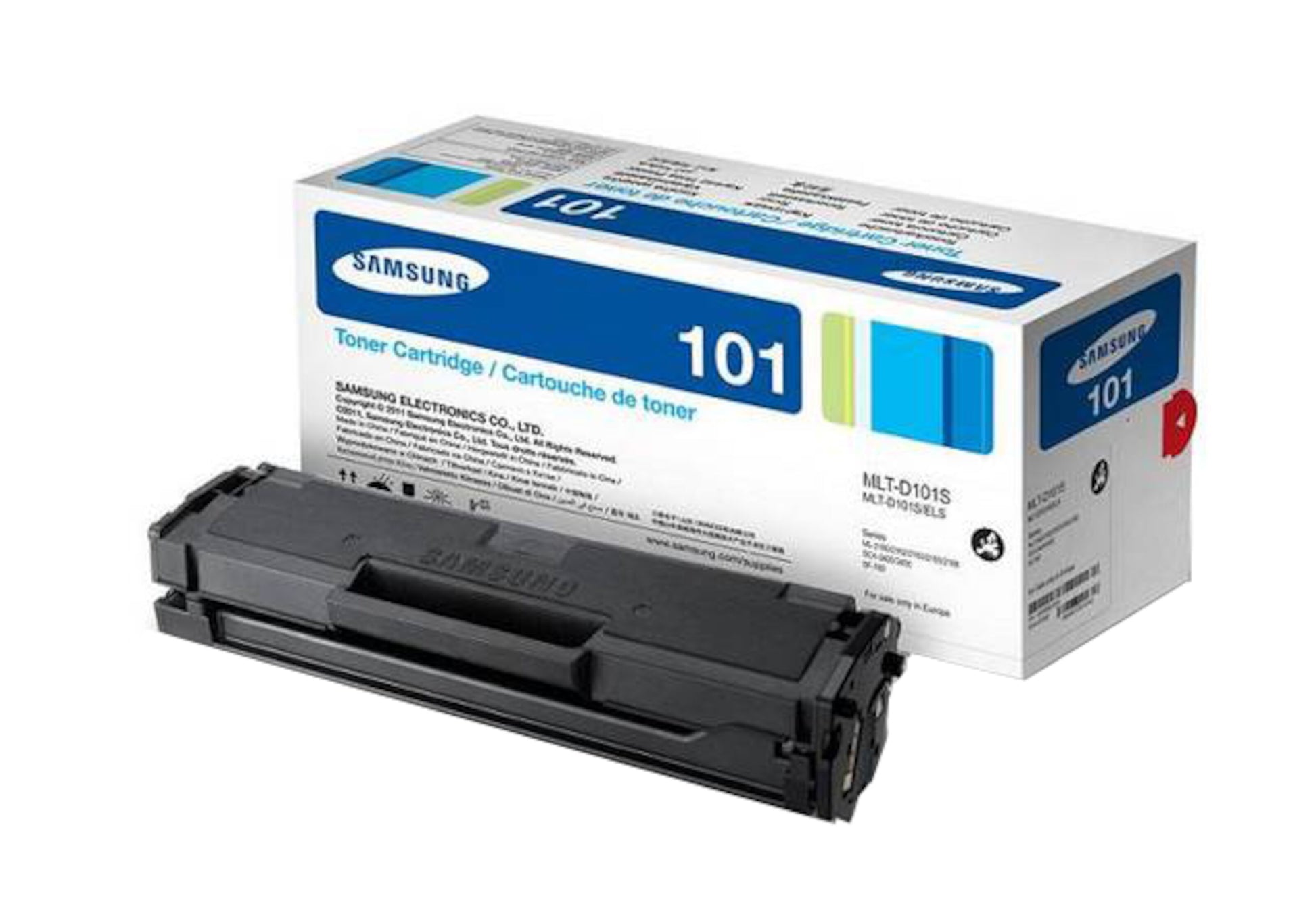 Samsung D101S Sort tonerpatron foran hvid/blå æske med "Samsung 101 Toner Cartridge"-tekst.