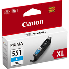 Canon CLI-551C XL blækpatron cyan i original emballage med Canon-logo, patronbillede og "XL" for høj kapacitet.