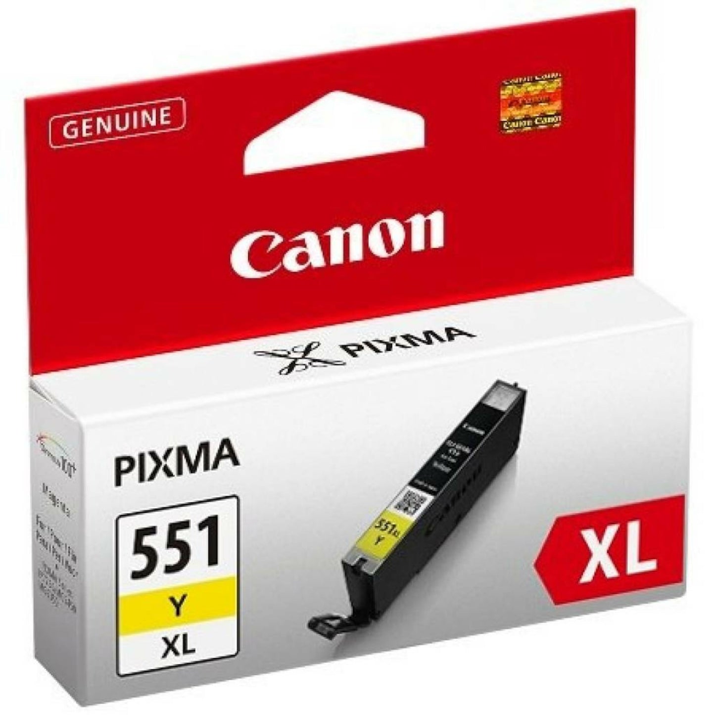 Canon CLI-551Y XL gul blækpatron i rød og hvid emballage med patronen synlig på siden af æsken.
