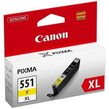 Canon CLI-551Y XL gul blækpatron i rød og hvid emballage med patronen synlig på siden af æsken.