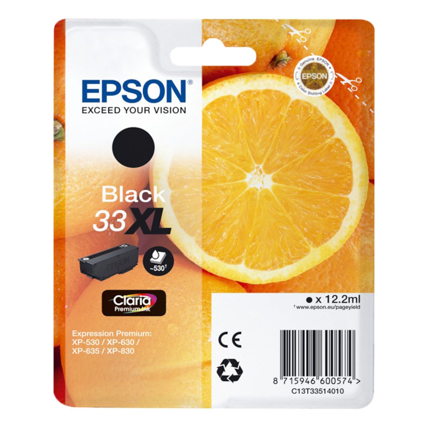 Epson T3351 Sort XL blækpatron 12,2 ml med Epson-logo, stor appelsinskive og info om kompatibilitet på pakken.