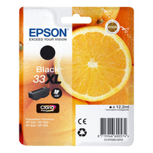 Epson T3351 Sort XL blækpatron 12,2 ml med Epson-logo, stor appelsinskive og info om kompatibilitet på pakken.