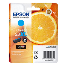 Epson T3362 Cyan XL blækpatron, synlig orange skive på emballage, Epson logo og XP kompatibilitet.