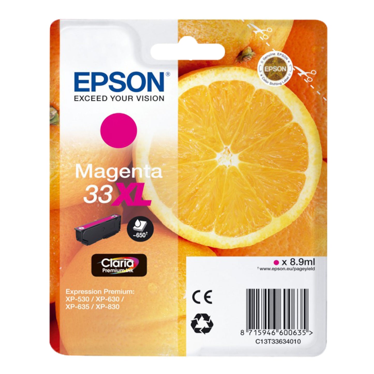 Epson T3363 Magenta XL blækpatron pakke med orange skive, magenta XL ikon, til Expression Premium printere.