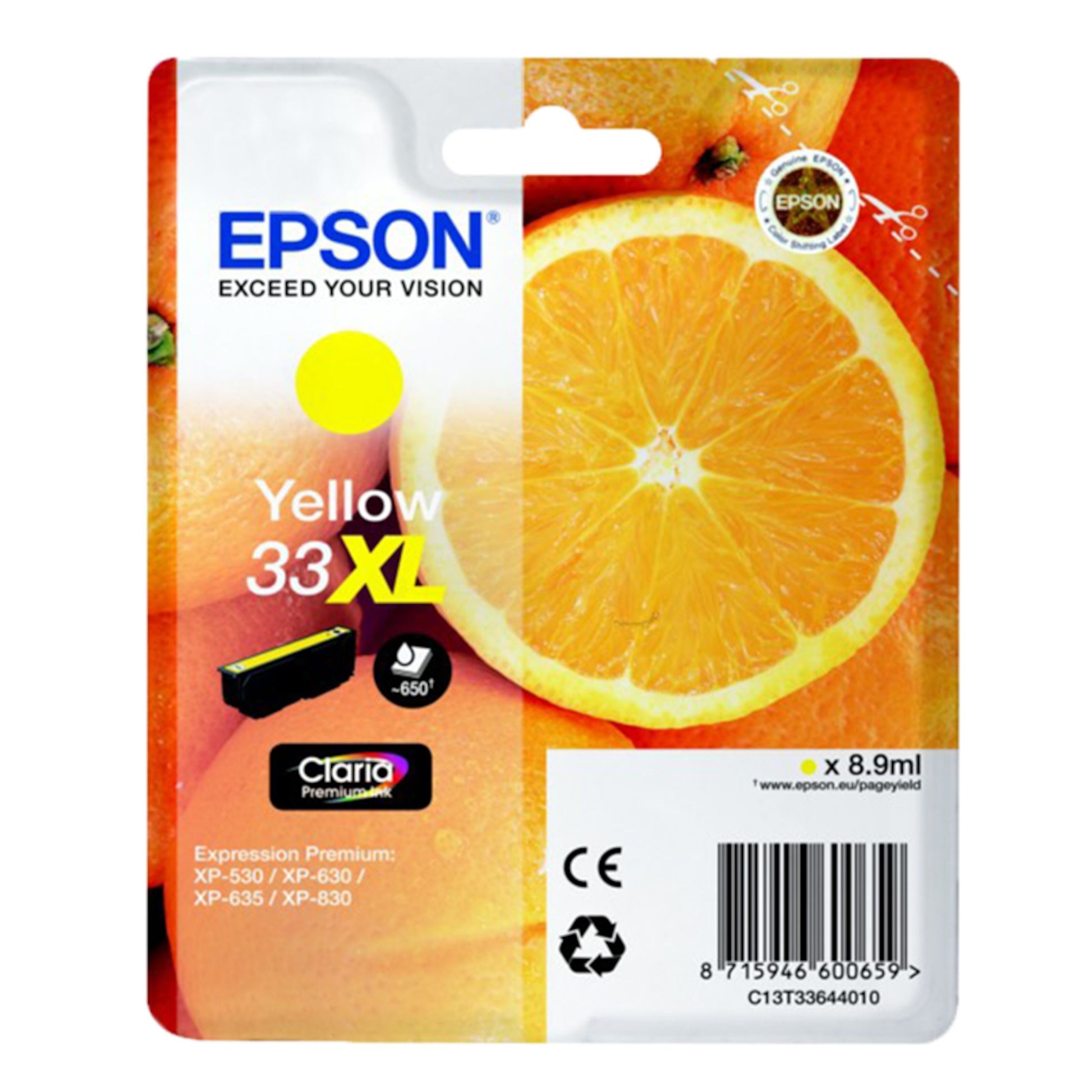 Epson T3364 blækpatron gul XL, appelsinskive på emballage, kompatibel med XP-630, XP-635 og XP-830.