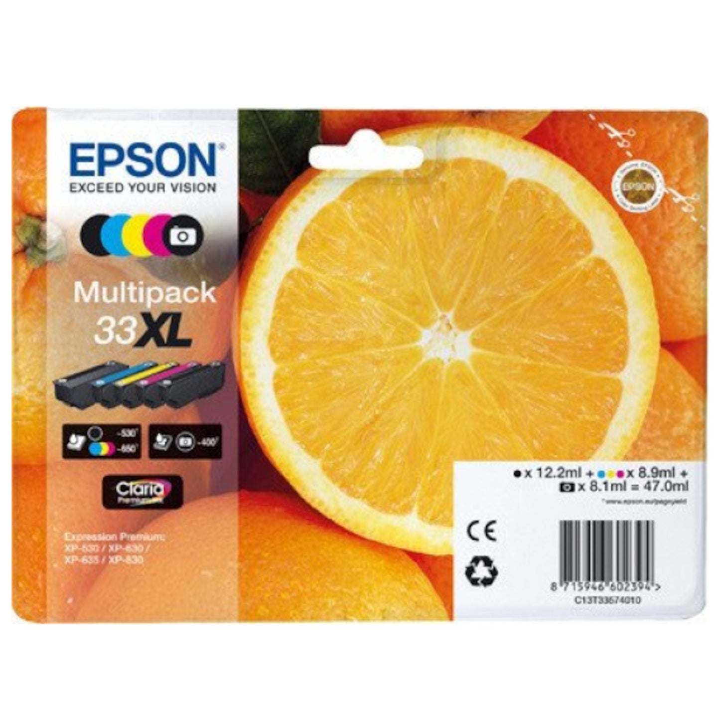 Epson T3357 blækpatron 5-pakke i emballage med stort appelsinstykke og billede af de fem patroner på forsiden.