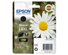 Epson T1811 XL sort blækpatron, stor tusindfryd på æske, logo øverst, printerkompatibilitet og 11,5 ml kapacitet.