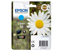 Epson T1802 blækpatron cyan med stor hvid marguerit på grøn baggrund, produktinfo og Epson-printerkompatibilitet.