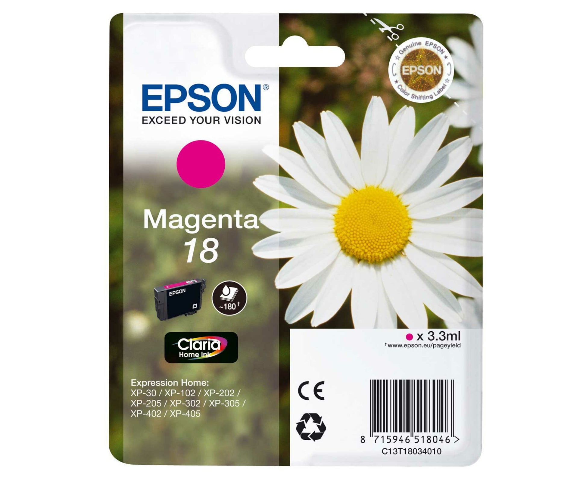 Epson T1803 blækpatron magenta, Epson logo, produktinfo, billede af hvid marguerit med gul midte, stregkode på emballage.