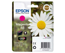 Epson T1803 blækpatron magenta, Epson logo, produktinfo, billede af hvid marguerit med gul midte, stregkode på emballage.