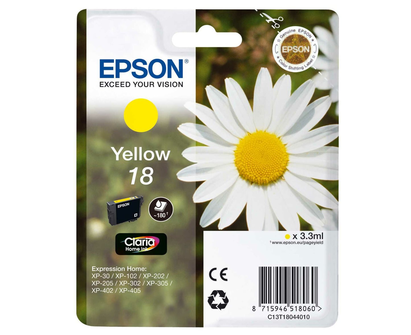 Epson T1804 gul blækpatron med marguerit på emballage, info om printerkompatibilitet og kapacitet synligt.