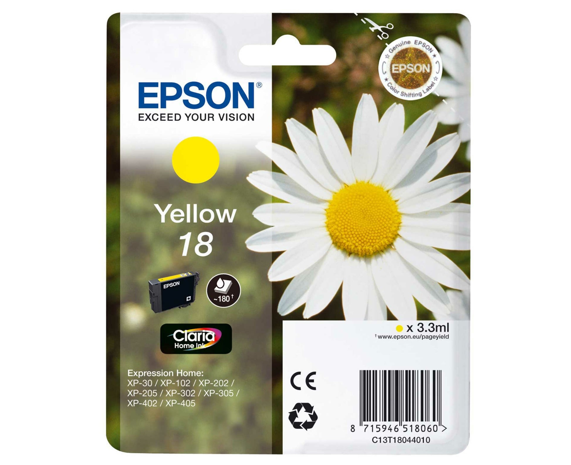 Epson T1804 gul blækpatron med marguerit på emballage, info om printerkompatibilitet og kapacitet synligt.
